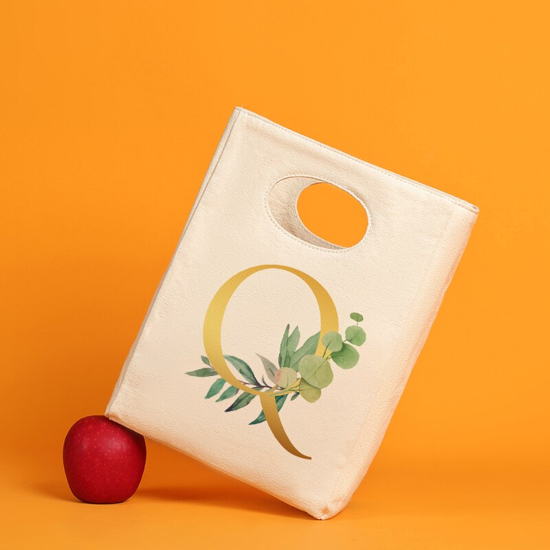 Gold Letter Canvas Neutral Insulated Lunch Bag Canvas Tote Thickened Neutral Reusable Office Picnic Portable Food Storage Bag: 9GoldfQ