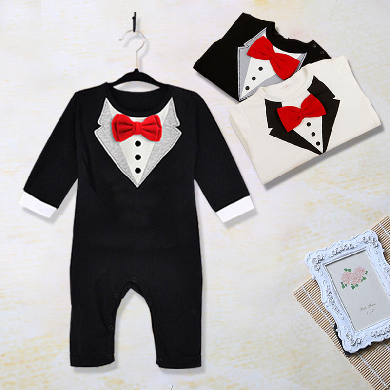 Emmababy 1 stuks jongen baby strik gentlemanon bedekt knoop romper jumpsuit kleding zwart wit twee kleur opties 0-36m