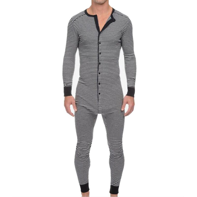 Men's Sleep Onesies Striped Printed One Piece Pyjamas Casual Jumpsuit Long Sleeve Sleepwear Romper Men Clothing Homewear: Grey / M