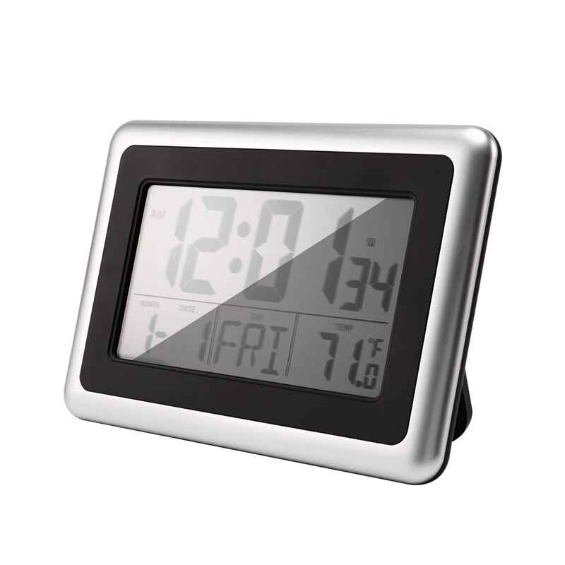 Atomic Digital Wall Clock, Large Lcd Display, Battery Operated, Indoor Temperature, Calendar, Table Standing, Snooze Without
