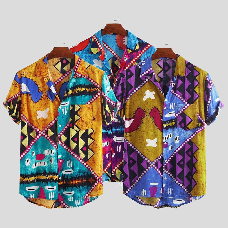 Men Beach Shirt Purple Print Short Sleeve Lapel Neck Button Leisure Hawaiian Shirts Men's Short Sleeve Button Tops Summer