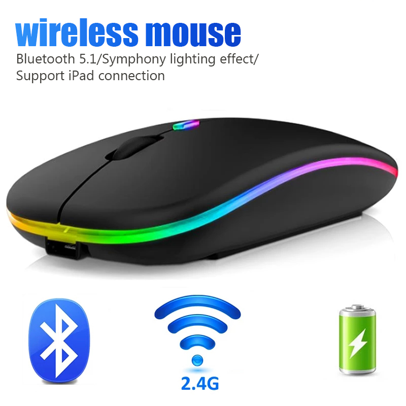 Trådlös gamermus usb-laddningsbar 2.4 ghz bluetooth-kompatibel rgb-möss för bärbar dator tyst bakgrundsbelyst ergonomisk spelmus