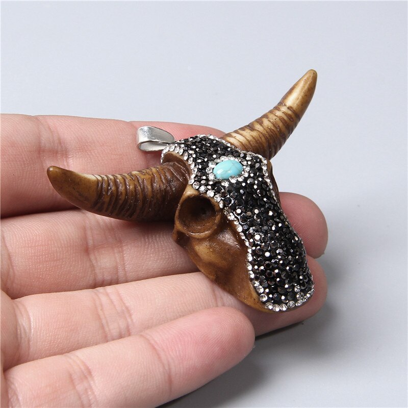 Trendy Men Women Glass cow head transparent gold silver color horns skull necklace pendant for jewelry making handmade male male: 4.Turquoise