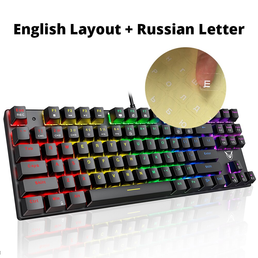 PICTEK PC244 Wired Gaming Keyboard Mechanical keyboard RGB LED Backlit USB Blue Switch 87 Keys Keycaps For Computer PC Gamer: EN Add RU Letter