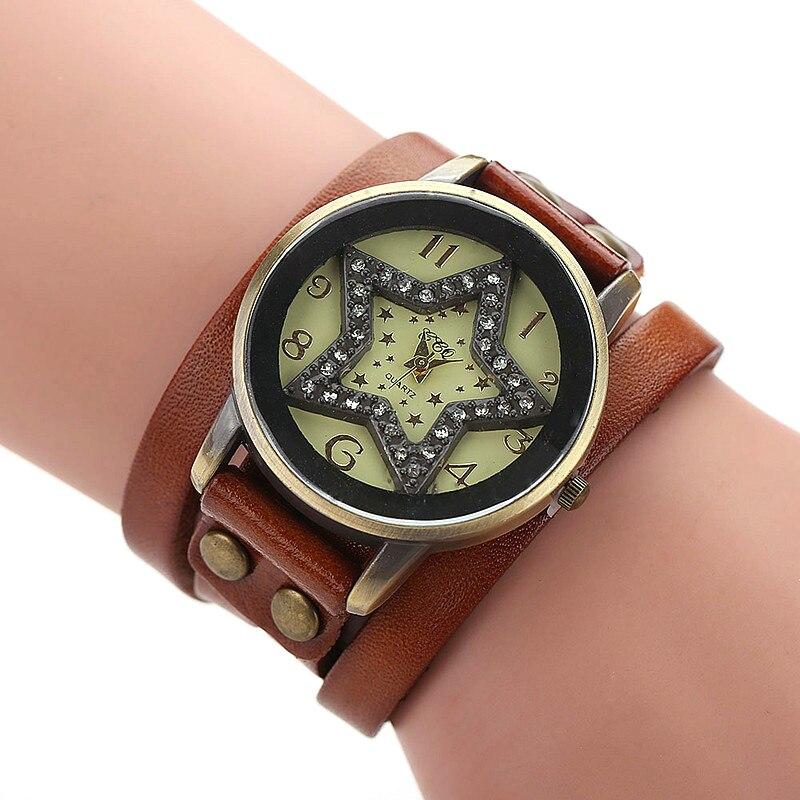 Jessingshow Dames Quartz Horloge Eenvoudige Digitale Wijzerplaat Mode Vijfpuntige Ster Lederen Band Horloge Casual Wear Klok Reloj Mujer: Light Brown