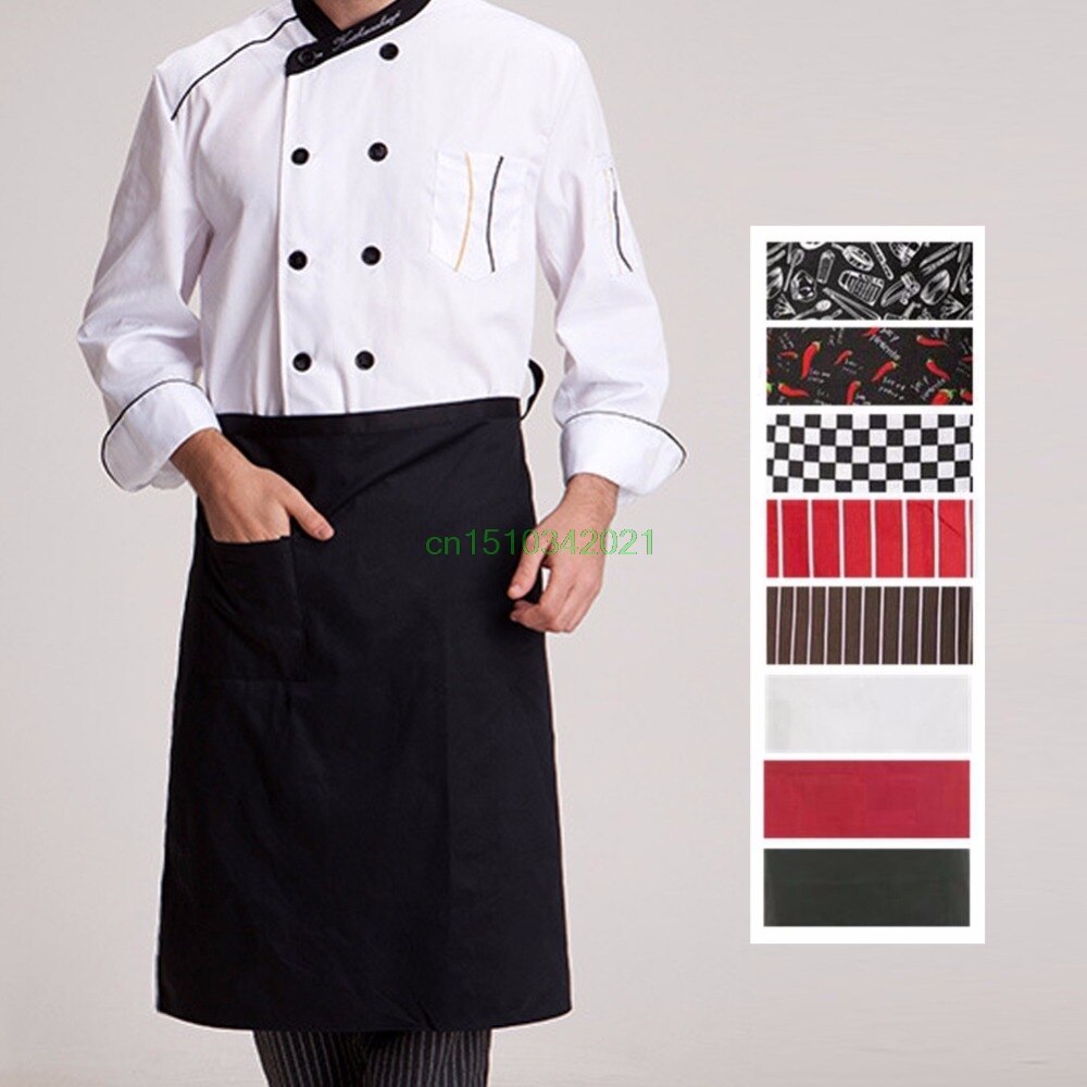 Delantales de cocina de longitud media, delantal de cintura larga, Catering, Chefs, camareros, uniforme,