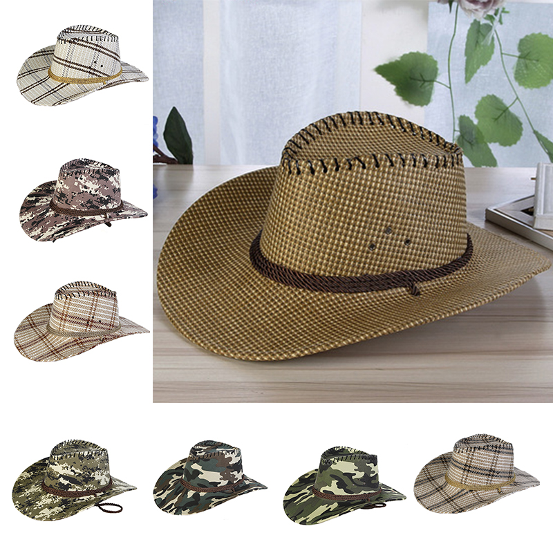 Unisex Summer Straw Camouflage Western Cowboy Hat Leisure Straw Hat UV Protection Outdoor Jazz Brimmed Hiking Sport