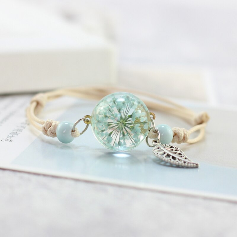 Mælkebøtte søde glaskugle vævet armbånd væve heldige blomster armbånd håndlavede tørrede blomster glasperler armbånd kvinder smykker