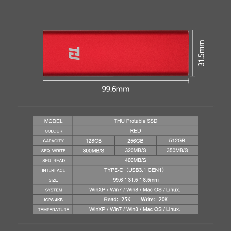 THU-unidad de estado sólido externa USB3.1 SSD, 128GB, portátil, HDD, 256GB, 512GB, 1TB, 400 MB/s, PC, portátil, Notebook