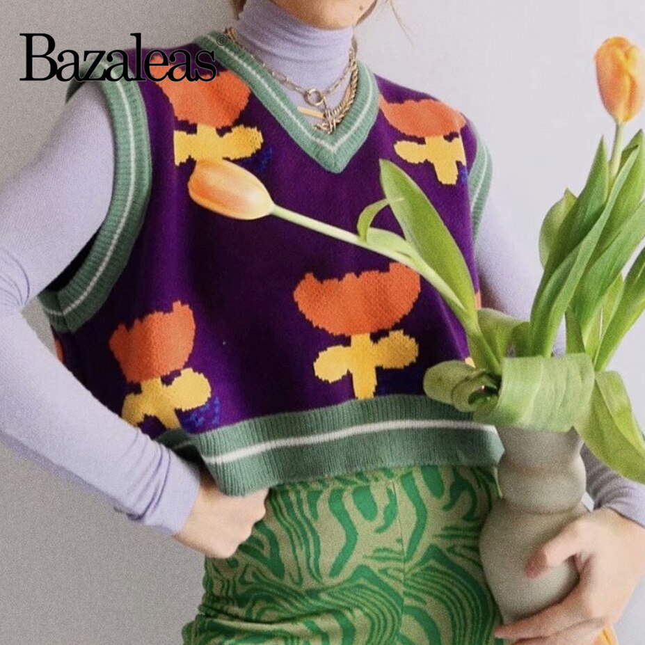 Bazalea retro tank dame sweater punk orange blomster pull femme lilla cardigan sweatere casual camis strikket