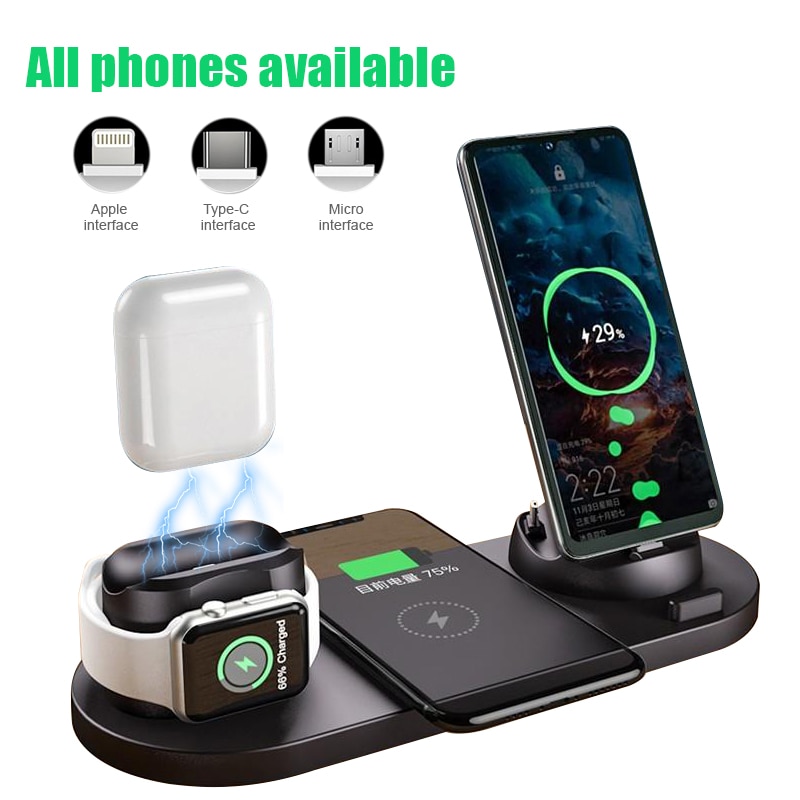 Qi Snelle Draadloze Charger Stand Voor Iphone/Android/Type-C Usb Horloge 6 In 1 Opvouwbare Opladen dock Station Iphone 12 Airpods Pro