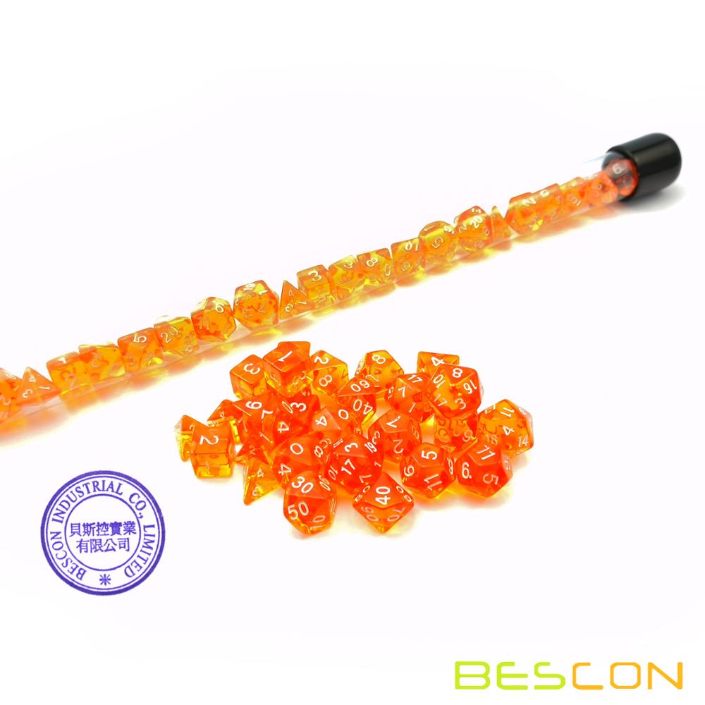 Bescon 28pcs Translucent Orange Mini Polyhedral Dice Set in Tube, Mini RPG Dice 4X7pcs,Mini Gem Dice Tube Set