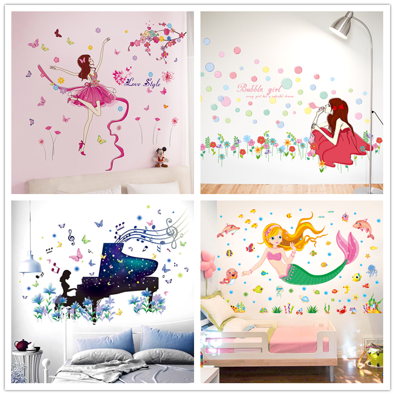 Cartoon Girl Wall Stickers DIY Children Walll Decals for Kids Rooms Baby Bedroom Nursery Home Decoration