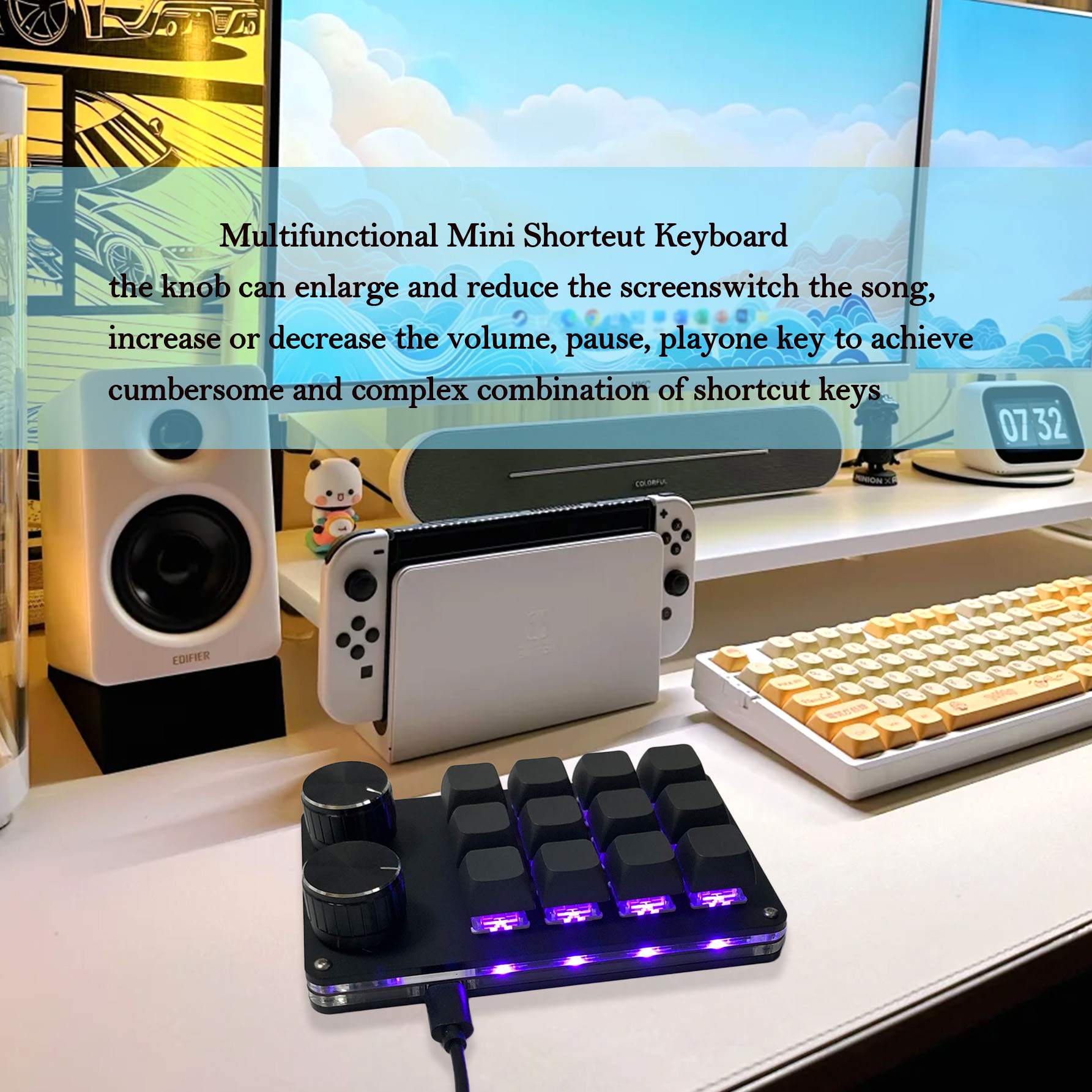 12 Keys Mini Mechanical Gaming Keyboard One Handed Keypad USB-C Wired Keypad Programmable and Swappable Keyboard for working