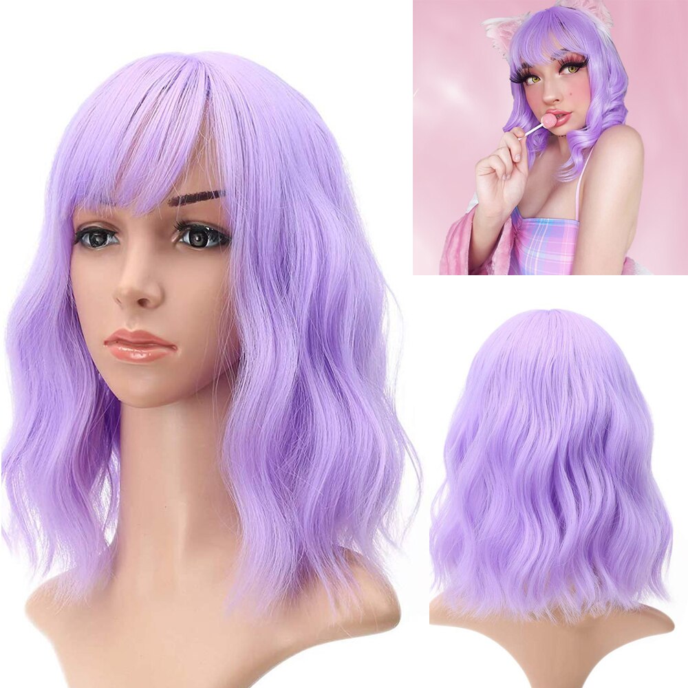Czarne krótkie peruki z kręconymi włosami Natural Color Bob peruki dla kobiet 16 "syntetyczne włosy damskie zastępują tanie peruki: Lavender Purple