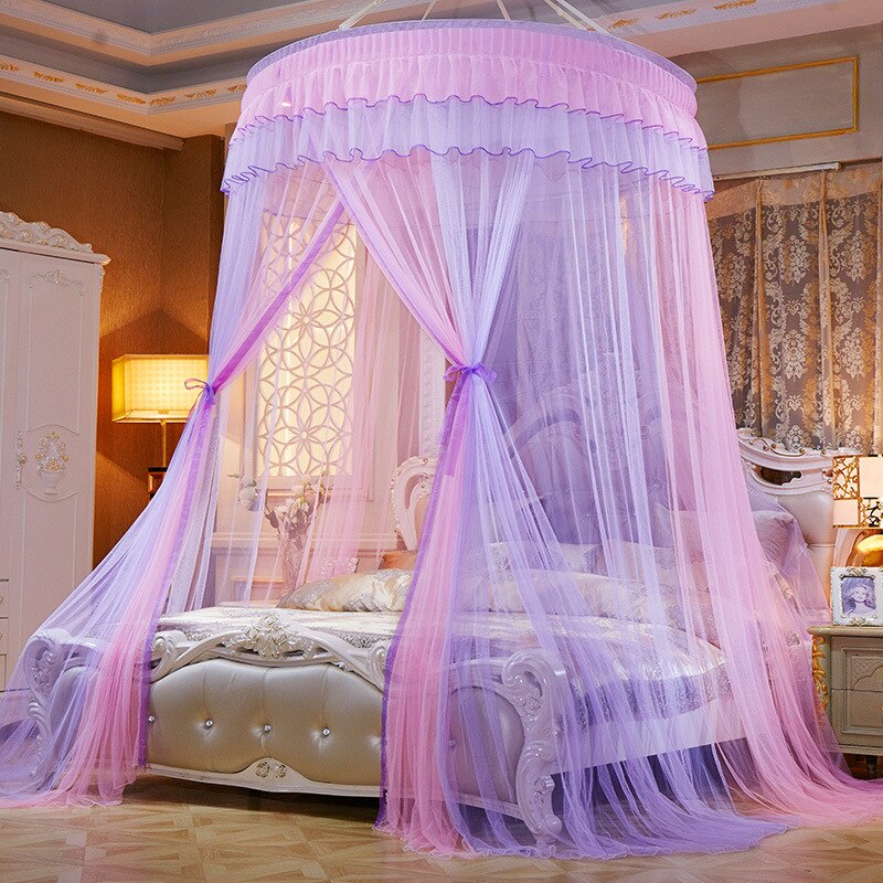 Bed Canopy Hung Mosquito-proof Net Round Top Princess Bed Tent Curtain Foldable Canopy On The Bed Fairy Lace Dossels: A