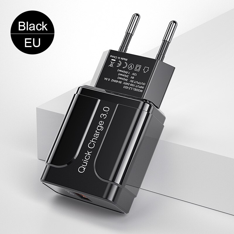 Ykz Usb Lader, mobiele Telefoon Oplader 18W QC3.0 Snel Opladen Eu Vs Lader Voor Iphone Samsung Xiaomi Huawei Telefoon Adapter: EU Black