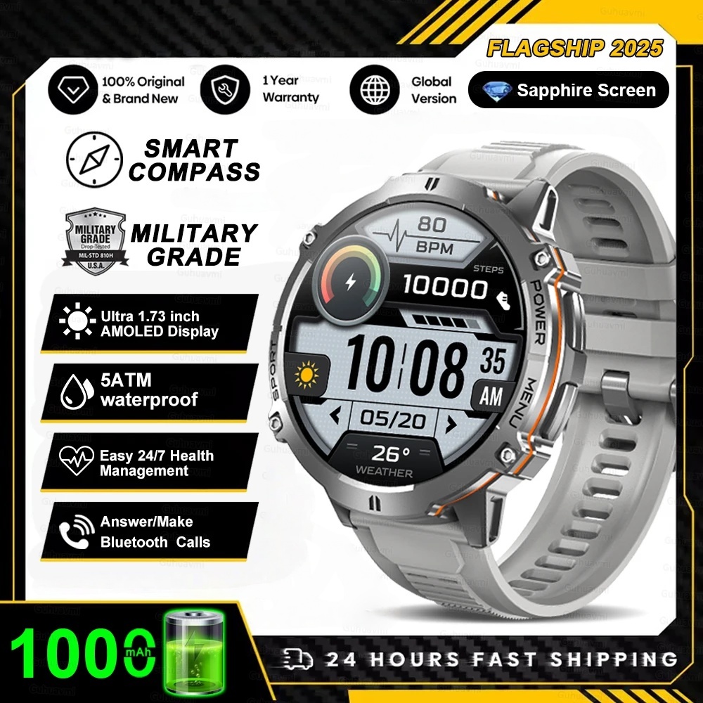 2025nuovo carro armato T3 ultra 2 GPS Astuto Della Vigilanza Degli Uomini Bussola Alltimetro 1000mAh Batteria 10ATM Impermeabile sport fitness AMOLED Chiama Orologi: nero