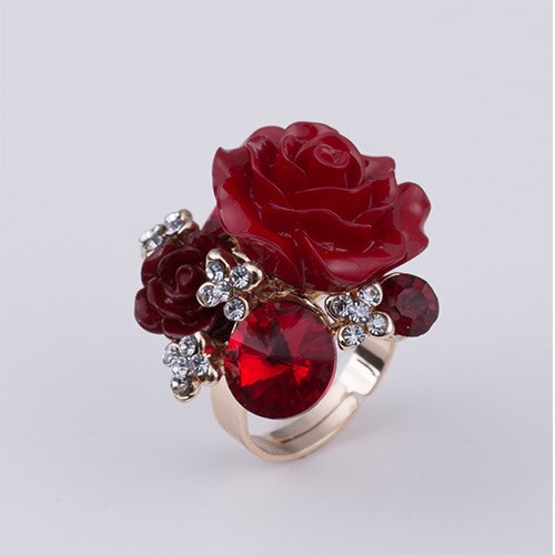 7 farger harpiks krystall rose blomst gull-farge justerbare kvinner bryllup statement fingerringer: Rød