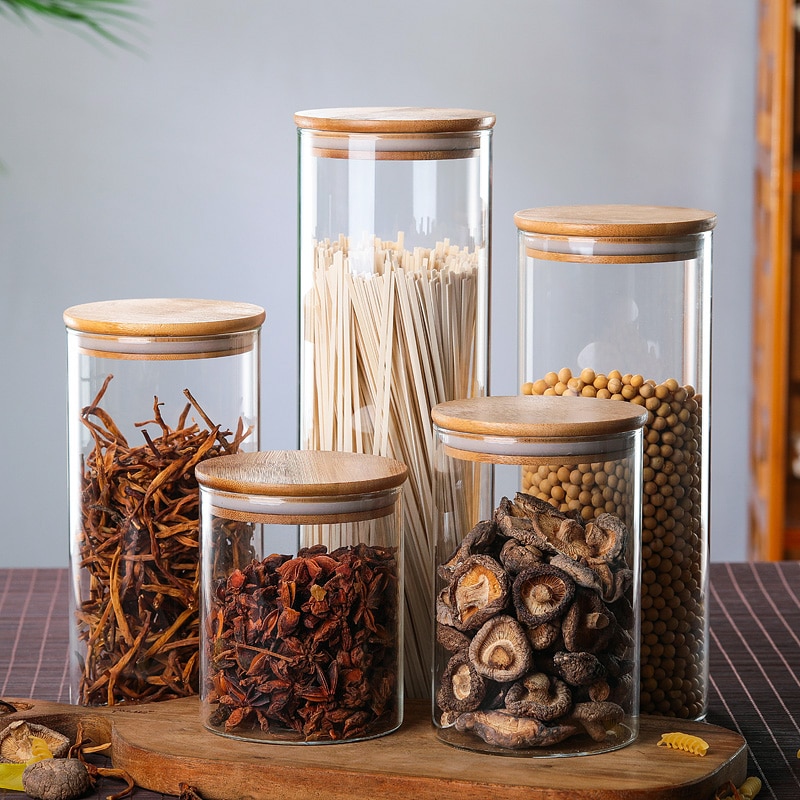 Cuisine alimentaire conteneur bambou couvert haute Borosilicate organisateur scellé verre bouteille réservoir divers grains boîtes de rangement