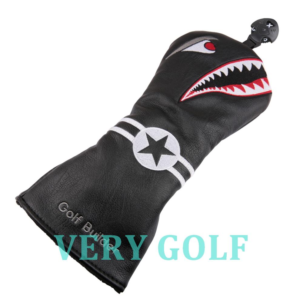 3 stuks zwart pu-leer met haaienborduursel golfclub driver fairway wood fw headcover golf  #1 #3 #5 wood headcover