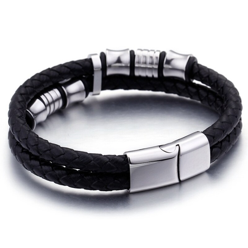 Klassieke Double Layer Zwart Lederen Armband Gold Metalen Magnetische Sluiting Mannen Mode Armband Sieraden