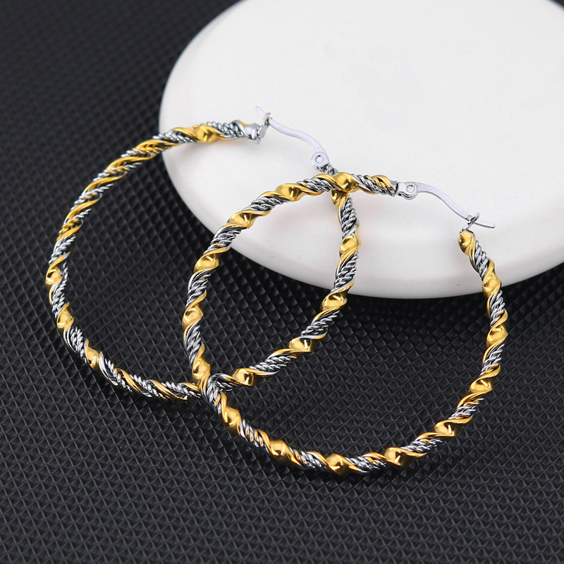 Dobbeltfarvede øreringe i rustfrit stål til kvinder, vævet twist, titanium stål hoop øreringe, overdrive, trendy smykker, tilbehør