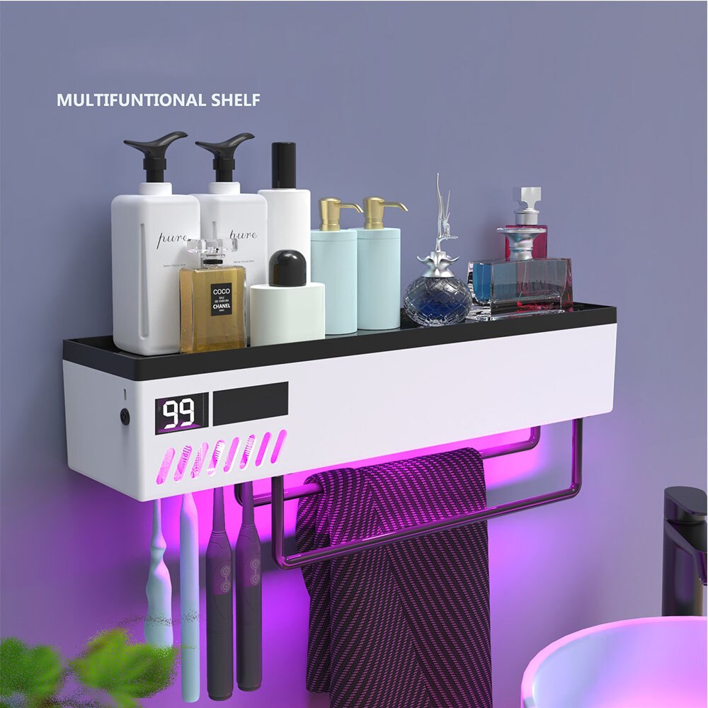 Solar Energy Smart Ultraviolet Disinfection Toilet Towel Rack Toothbrush Sterilizer Holder Light Energy Bathroom Storage Shelf