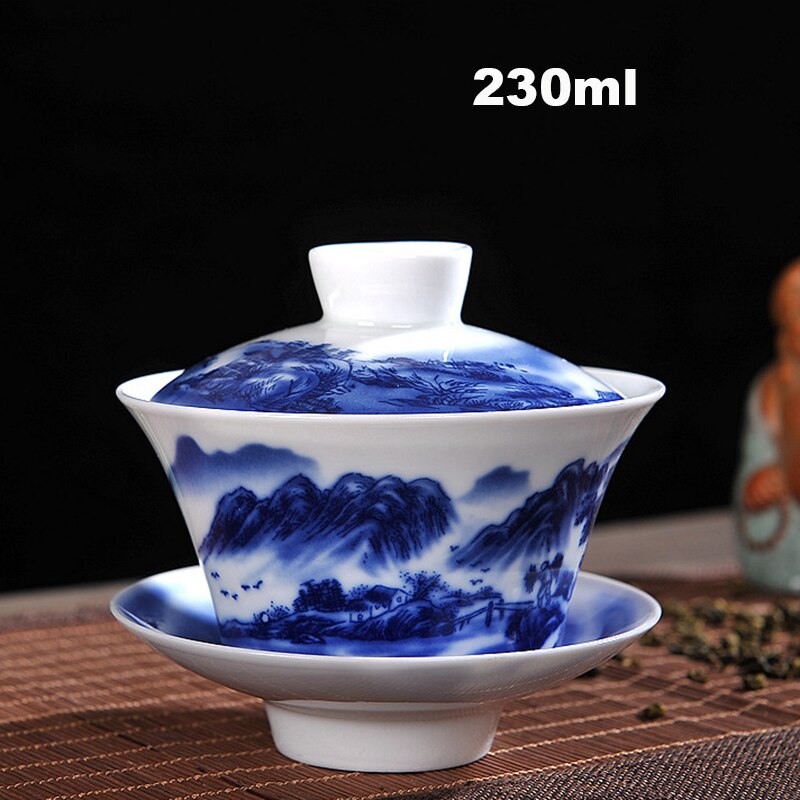 Ensemble de thé chinois Gaiwan bleu et blanc porcelaine Kung Fu ensemble de thé soupière en céramique bol à thé santé tasse à thé et soucoupe Master tasses: B4