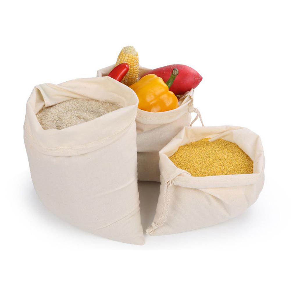 Bolsa reutilizable a granel de algodón con cordón, bolsa de compras de pan de arroz vegetales multiusos con hebilla de Metal