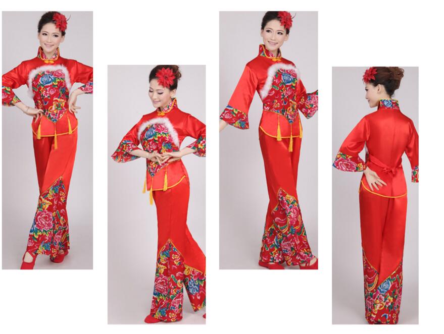 Ropa tradicional china para mujeres, traje de estilo chino antiguo, traje de danza folclórica Yangko rojo chino, traje de baile abanico