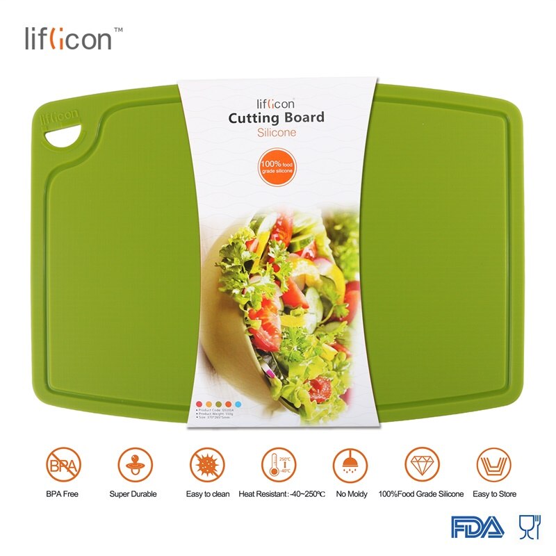 Liflicon Large Silicone Cutting Board Meat &amp; Veggie Cut Prep Nonslip Flexible Chopping Boards Antimicrobial Thick Cutting Boards: Green-L