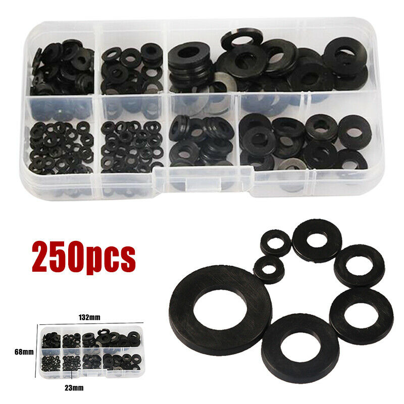 250 stk svart nylon gummi flat ringe  m2-m8 skive pakninger reparasjonsverktøy sett erstatning