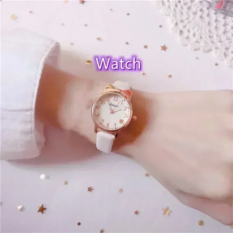 2025 Kinder Liebe Digitale Zifferblatt Kinder Set Uhr Lederband Quarz Uhren Kind Mädchen Uhr kinder Uhr + armband: WHITE