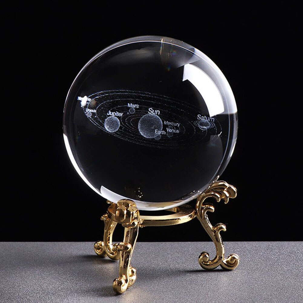 6cm Sphere Home 3D Crystal Ball Clear Miniature Craft Desktop Decoration Photo Props Engraved Solar System With Base: Gold Metal Base