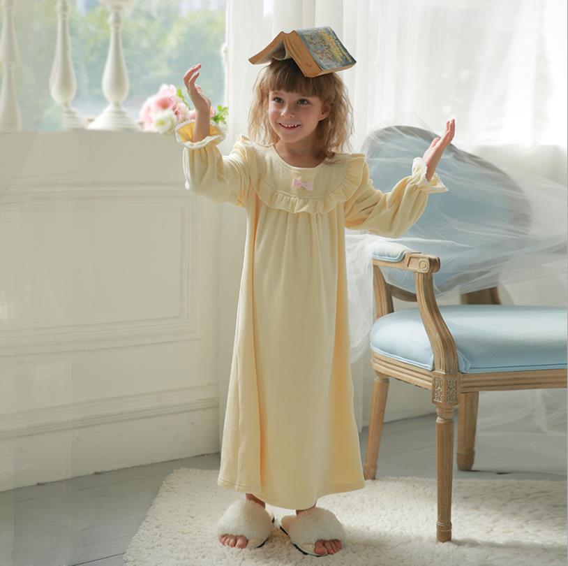 Vestido de dormir para bebé niña primavera otoño estilo palaciego volantes dulces camisones con estilo niños ropa linda de franela para el hogar ws164: yellow / 9
