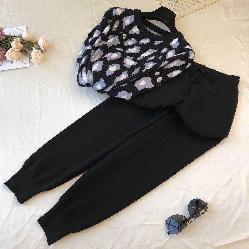 Amolapha dam stickad leopard pullover tröjor+byxor set kvinna jumpers byxor 2 st kostymer outfit