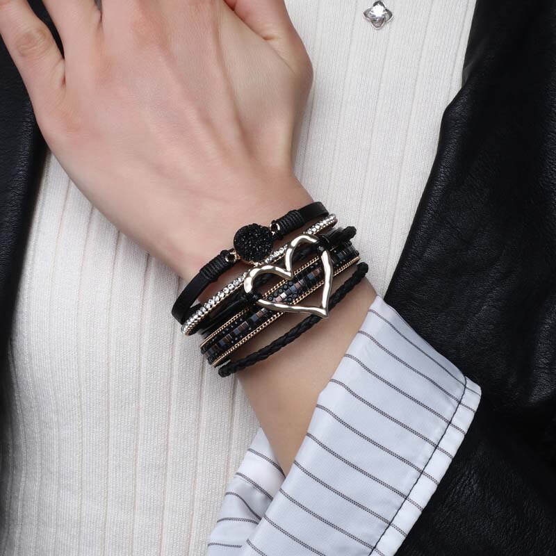 Amorcome-pulsera de cuero trenzado para mujer, brazalete con varias capas de piedras de resina, corazón hueco,
