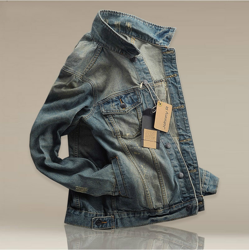 Hi-street mænd flået jeans jakker vasket patchwork nødlidende denim mand slim fit streetwear hiphop vintage jakke