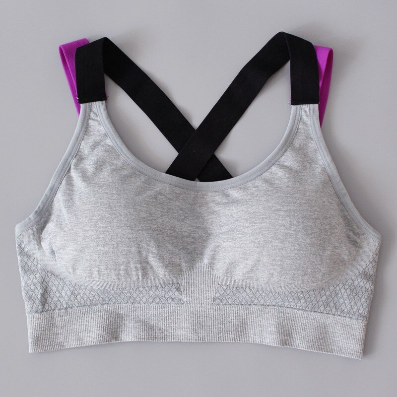 Fitness Women Sport Bra Sport Shirt Running Gym Yoga Top Sports Bra Shockproof Cross Strap Back Push Up Workout Bra: Gray / L