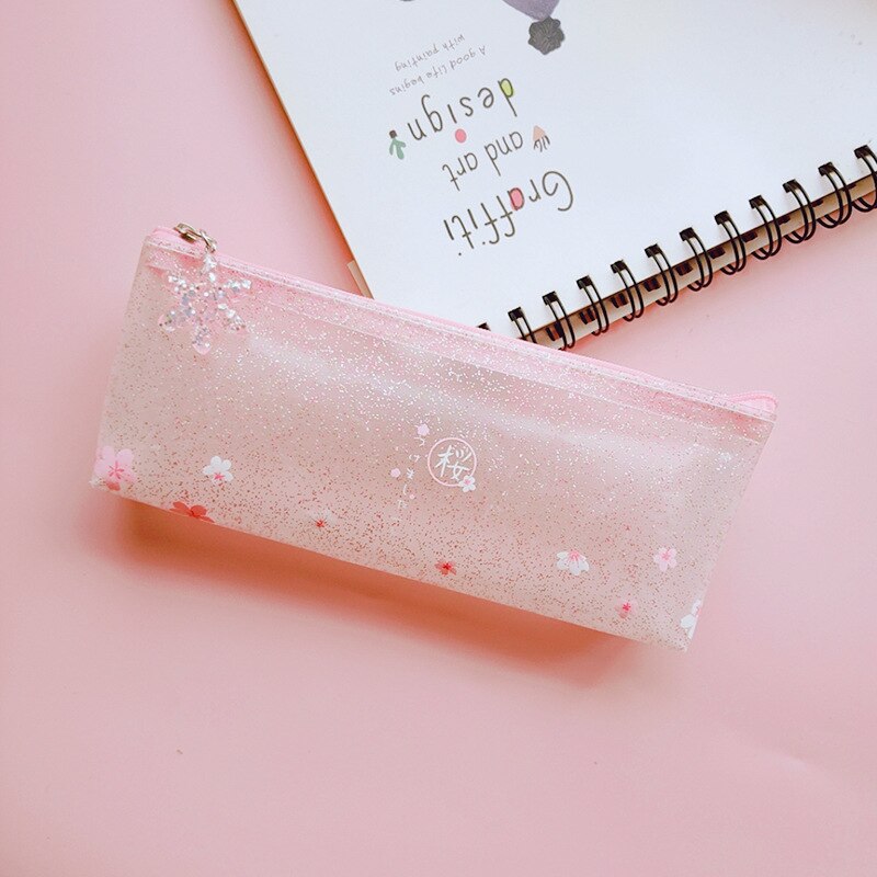 Sød lyserød glitrende matteret sakura blyant taske kawaii blyant tasker pose kontorartikler koreansk papirvarer arrangør: 01