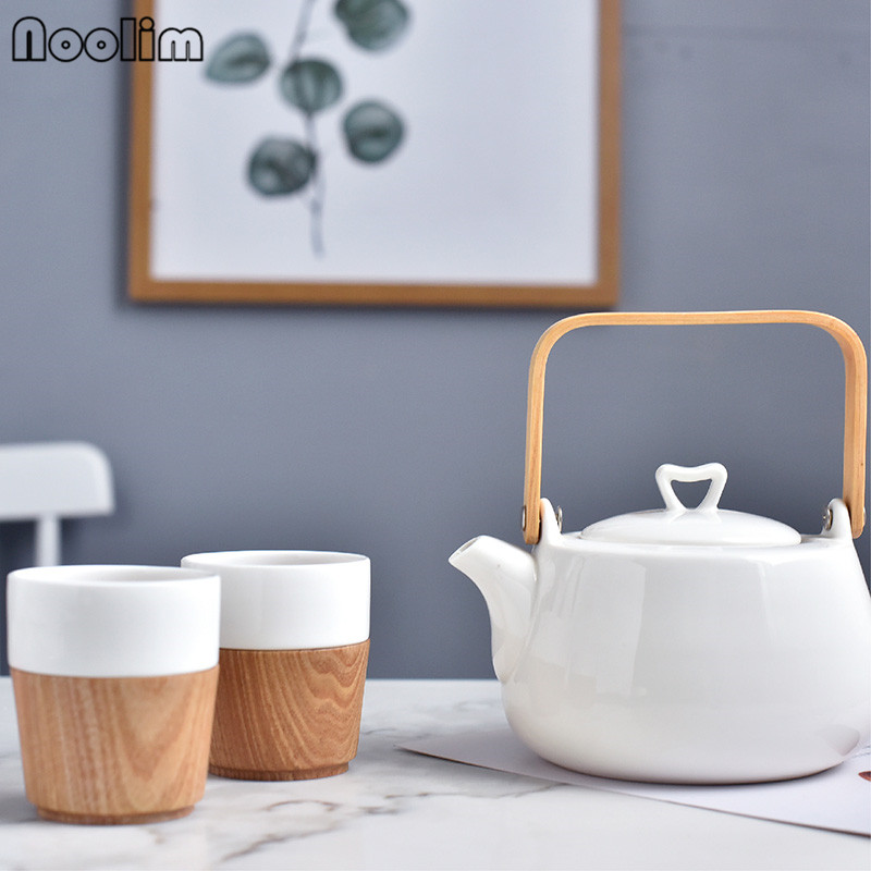 Japanese Style Handmade White Porcelain Tea Pot With Wooden Handle Concise Teaware Set