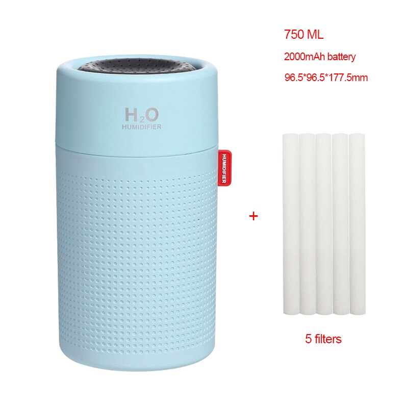 750ML Wireless Air Humidifier Diffuser Protable USB Rechargeable Mini Electric Cool Mist Humidifier With LED Night Light: 750ML B 5filters