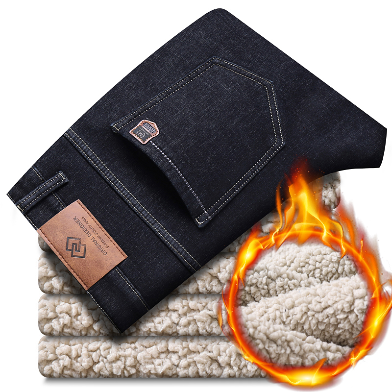 Pantalones vaqueros de lana cálidos de invierno para hombre 2025, pantalones vaqueros térmicos informales gruesos elásticos rectos, pantalones de trabajo de negocios para hombre, nueva ropa para hombre: 32 / Negro