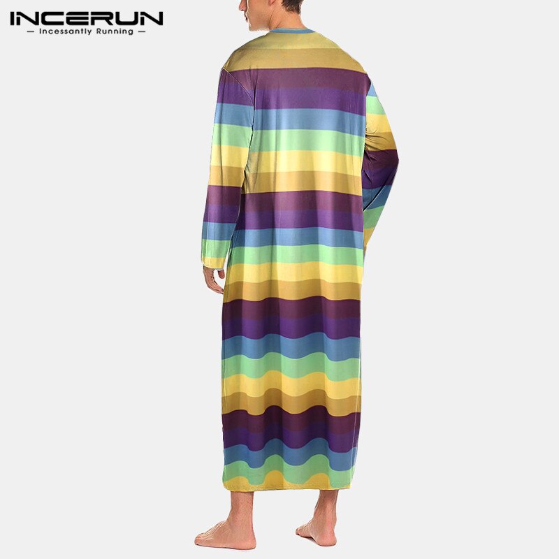Men Striped Robes Colorful Round Neck Long Sleeve Soft Bathrobes Cozy Nightgown Loose Leisure Mens Dressing Gowns S-5XL INCERUN