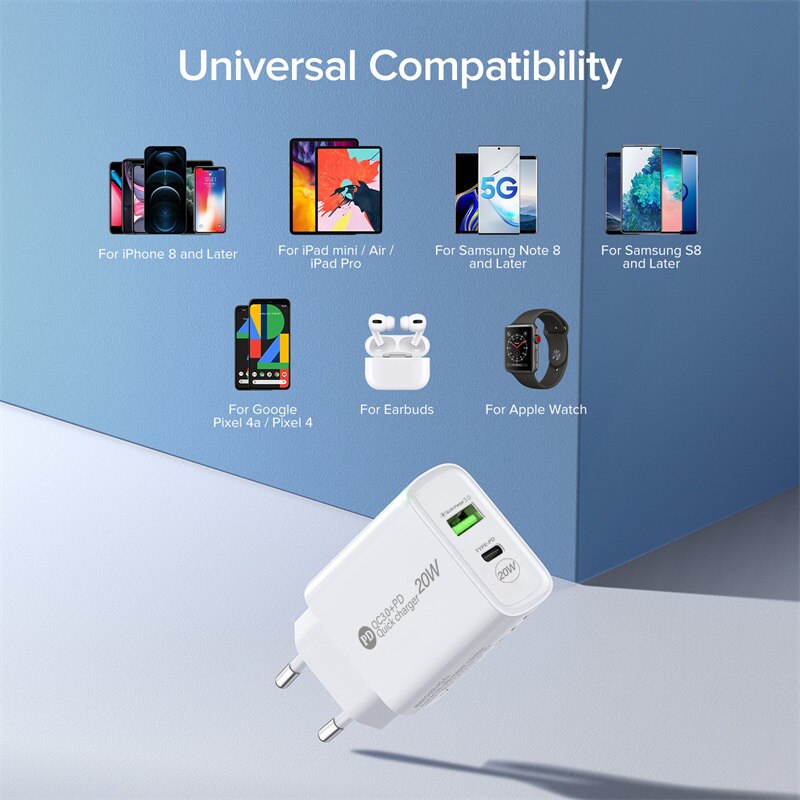 PD 20W ładowarka USB C QC + PD 2 Port LED szybka ładowarka ścienna do telefonu iPhone 13 12 Huawei Xiaomi Samsung szybka ładowarka