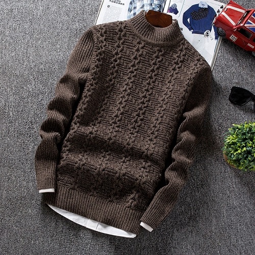 Winter Men's Sweater Male Slim Fit Knitted Pullovers Solid Color Casual Thick Warm Mens Christmas Sweaters Knitwear: Brown / XXL