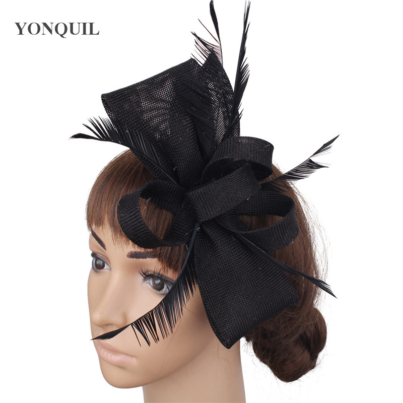 Nachahmung Sinamay Hochzeit Kopfbedeckung Braut Champagner Fascinator Hut Haarnadel mit ausgefallenen Federn Haarschmuck Damen Kopfschmuck