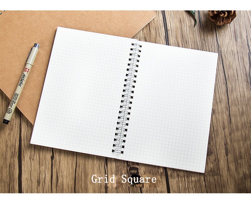 EZONE 16/32K Coil Kraft Paper Notebook Sketchbook Grid Square Line Paper Blank Pages Notebook Student Exercise Book 100 Pages: Grid Square / 19X13cm