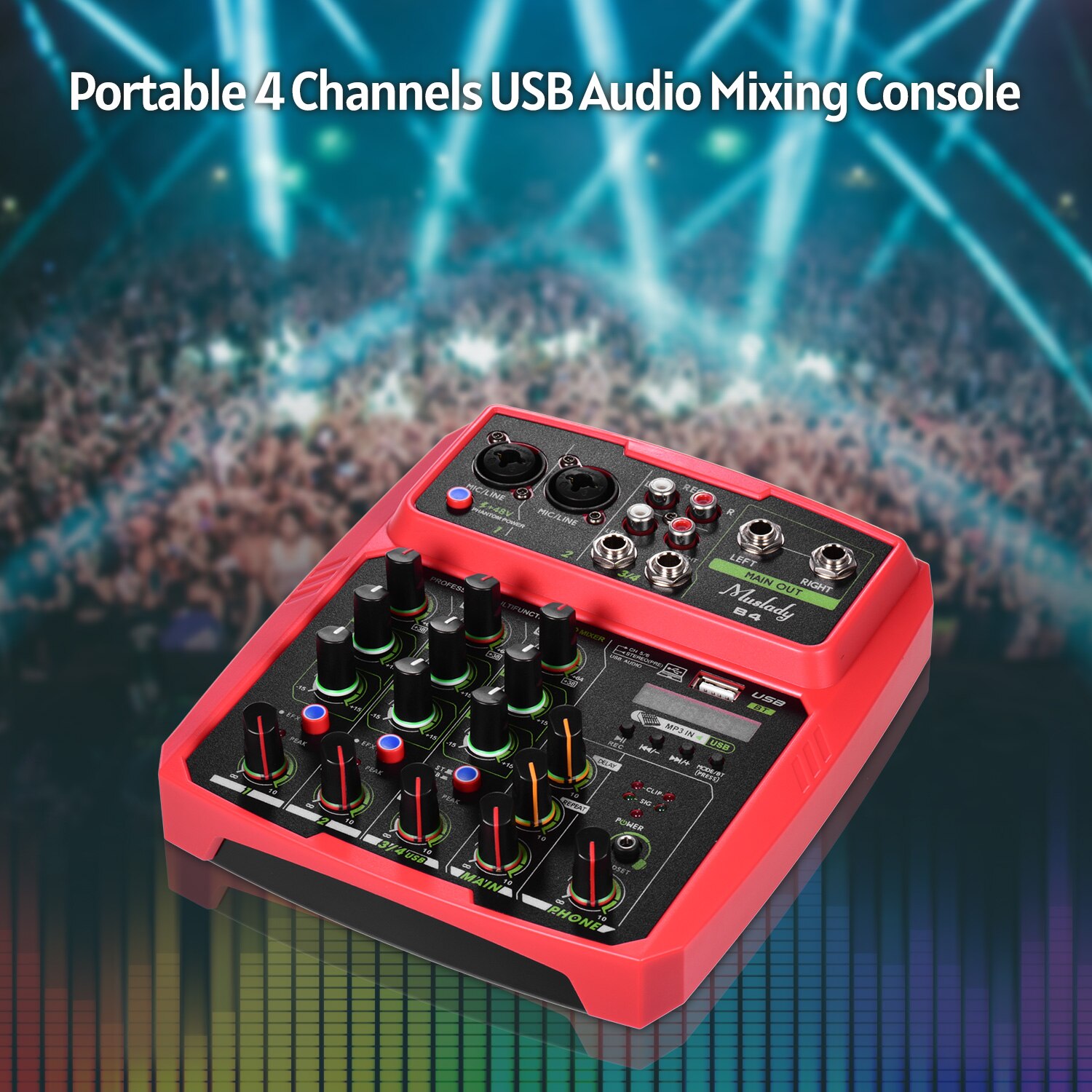 Muslady B4 Portable 4 Channels Audio Mixer USB Mixing Console Supports BT Connection with Sound Card Built-in 48V Phantom Power